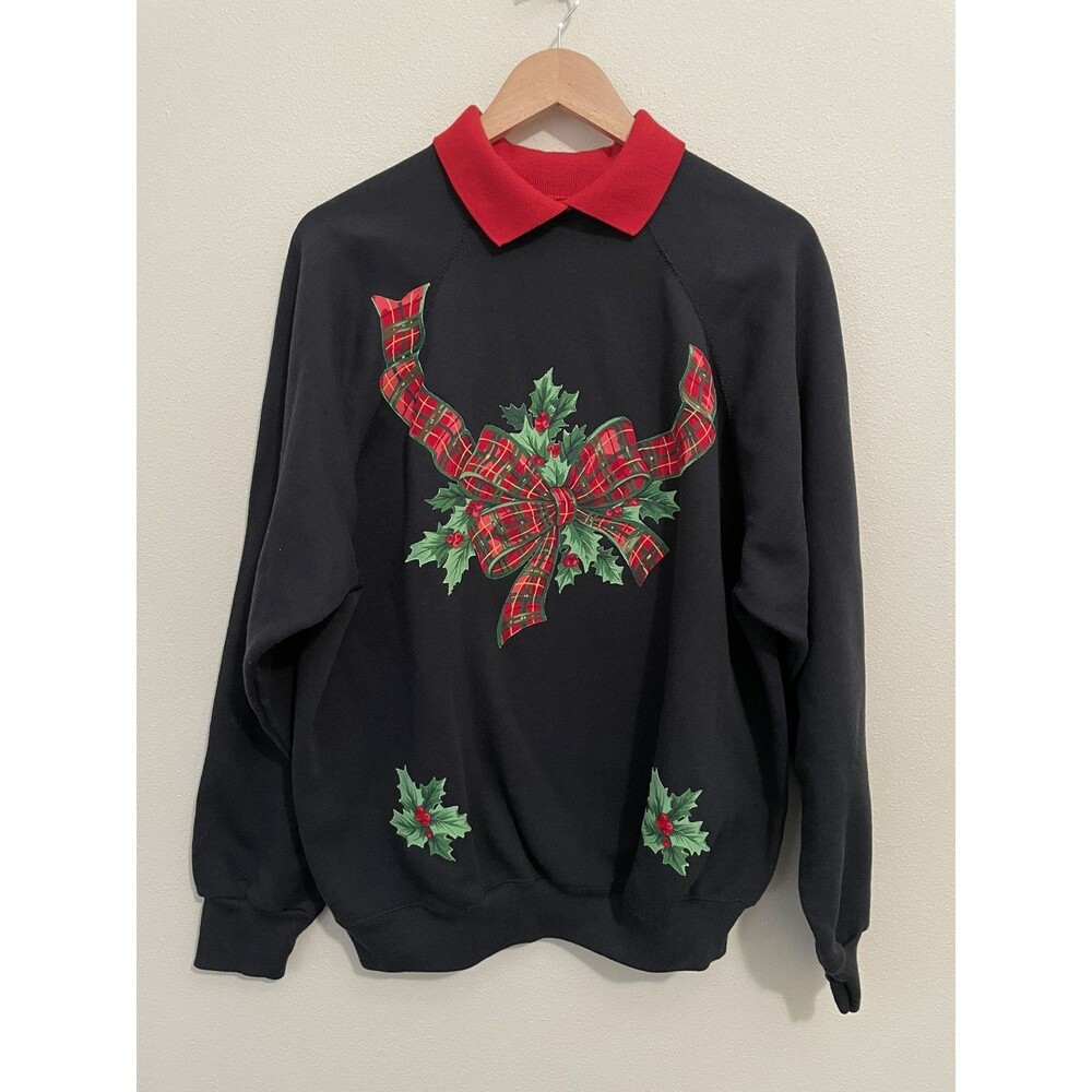 Vintage 90s Christmas Sweatshirt Size XL Black Red Collar Ugly Grandma Sweater